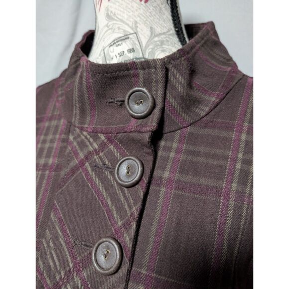 DKNY Jeans Women's Brown Purple Plaid Button Jacket Funnel Neck Fall Coat Large - Picture 3 of 14